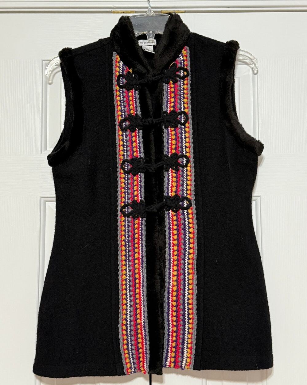 Boho Mythology Black Wool Vest with Embroidered Trim, Size M